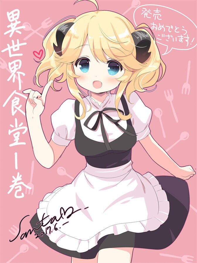 1girl :d ahoge aletta apron black_dress black_ribbon blue_eyes blush clenched_hand cowboy_shot dated demon_horns dress fork frilled_apron frills hand_up heart horns index_finger_raised isekai_shokudou looking_at_viewer neck_ribbon open_mouth pink_background puffy_short_sleeves puffy_sleeves ribbon santa_matsuri short_hair short_sleeves sidelocks signature sleeveless sleeveless_dress smile solo speech_bubble spoon tareme twintails uniform waist_apron waitress wavy_hair white_apron