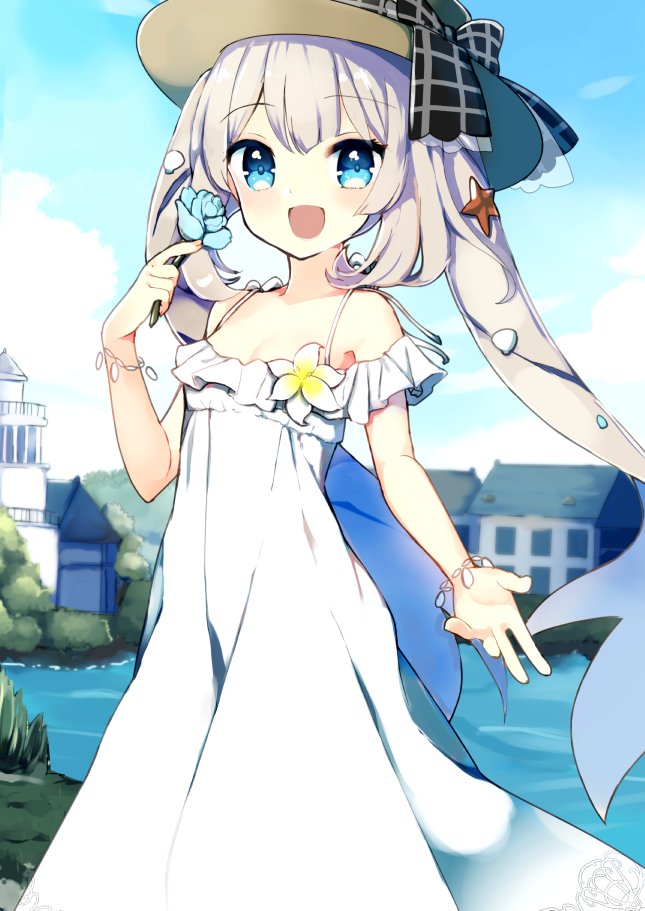 1girl :d ameshizuku_natsuki blue_eyes bow bracelet breasts dress fate/grand_order fate_(series) flower hair_ornament hat hat_bow house jewelry long_dress long_hair looking_at_viewer marie_antoinette_(fate/grand_order) open_mouth outdoors river seashell shell silver_hair small_breasts smile solo spaghetti_strap starfish sun_hat sundress twintails very_long_hair white_dress