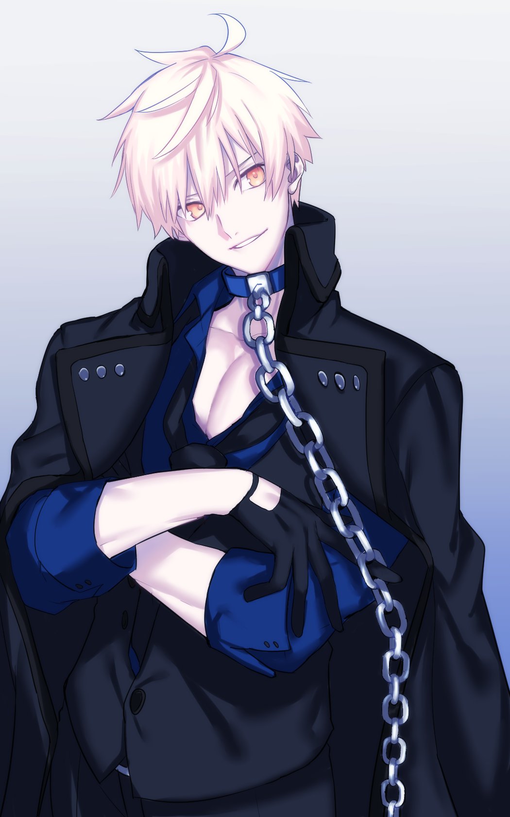 1boy ahoge artoria_pendragon_(all) black_gloves chains collar dark_persona fate/grand_order fate/prototype fate/stay_night fate_(series) gloves gradient gradient_background highres male_focus pectorals platinum_blonde saber_(fate/prototype) saber_alter seseragi_azuma simple_background solo upper_body yellow_eyes