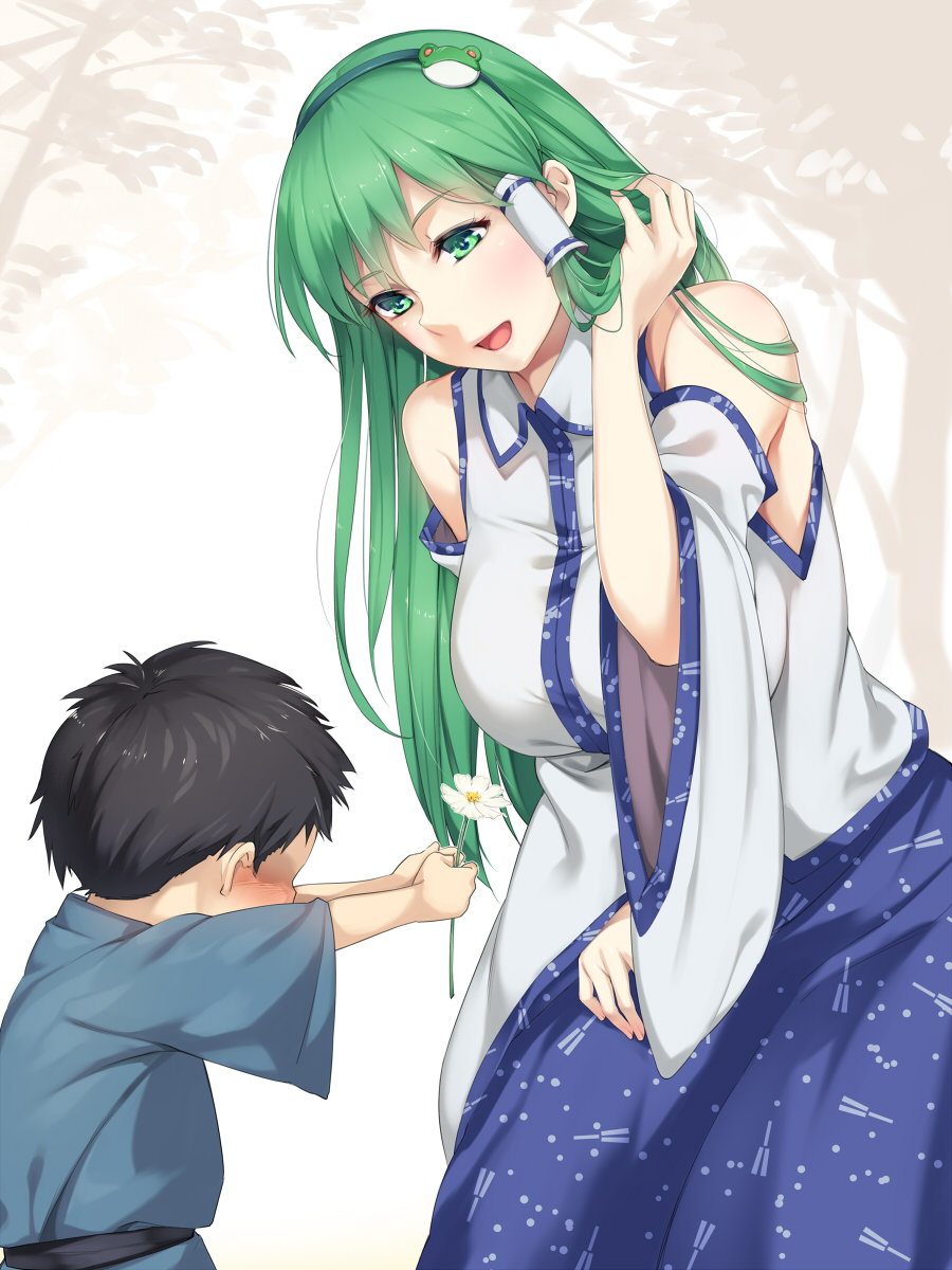 1boy 1girl asutora bare_shoulders blue_skirt blush breasts confession detached_sleeves flower frog_hair_ornament green_eyes green_hair hair_ornament hair_tubes hairband highres holding holding_flower japanese_clothes kochiya_sanae large_breasts leaning_forward long_hair skirt smile touhou white_flower wide_sleeves
