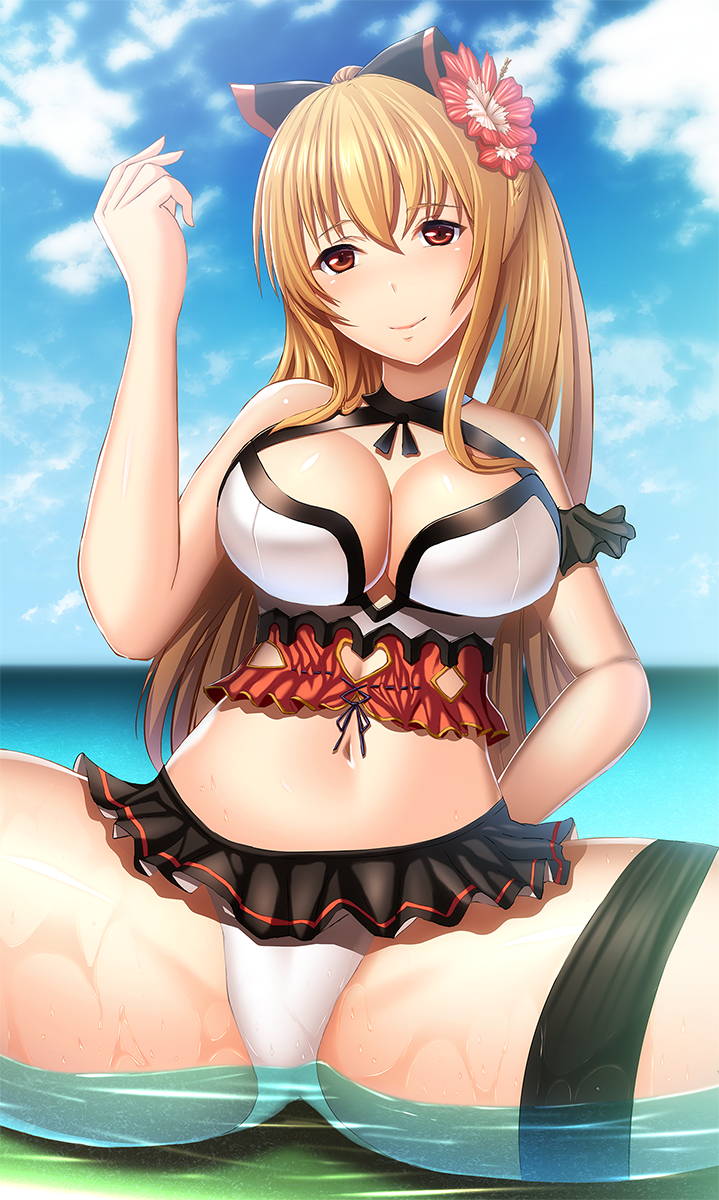 1girl arm_behind_back arm_up blue_sky blush breasts cleavage clouds flower granblue_fantasy hair_flower hair_ornament hair_ribbon highres large_breasts long_hair looking_at_viewer midriff partially_submerged red_eyes ribbon sky smile solo swimsuit thigh-highs thigh_strap vira