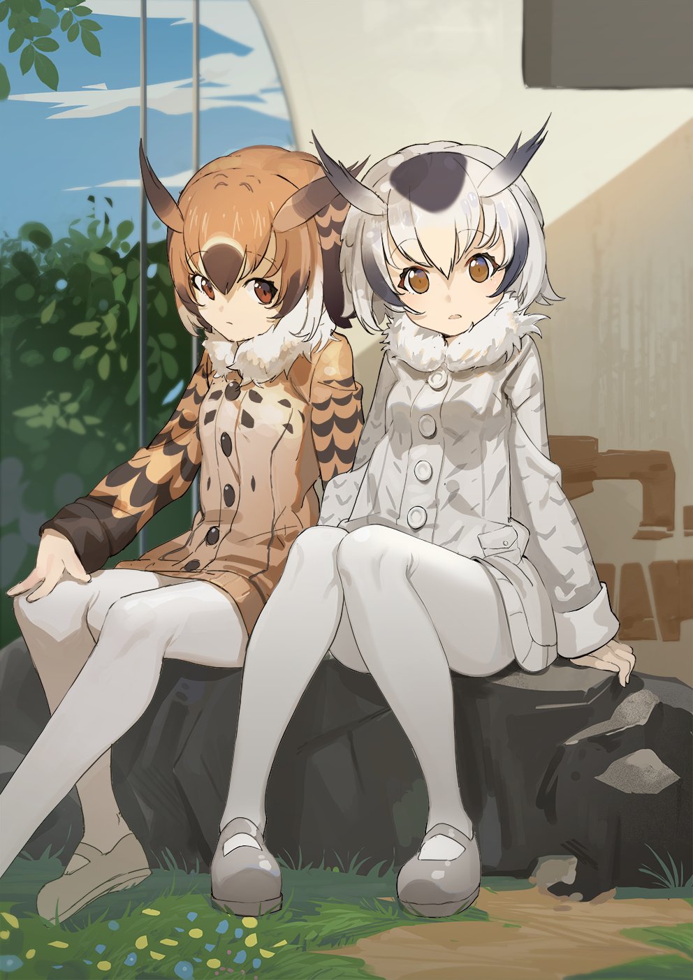 2girls :/ :o arm_support beige_coat beige_shoes blonde_hair blue_sky brown_coat brown_hair building buttons closed_mouth clouds coat day eurasian_eagle_owl_(kemono_friends) expressionless eyebrows_visible_through_hair eyelashes flower full_body fur_collar grass grey_coat grey_hair grey_shoes ground hand_on_own_knee highres kemono_friends knees_together_feet_apart light_brown_eyes light_brown_hair long_sleeves looking_at_viewer mary_janes multicolored_coat multicolored_hair multiple_girls northern_white-faced_owl_(kemono_friends) open_mouth outdoors pantyhose pocket rock seinen shadow shoes silver_hair sitting sitting_on_rock sky sleeve_cuffs sunlight tree white_hair white_legwear window