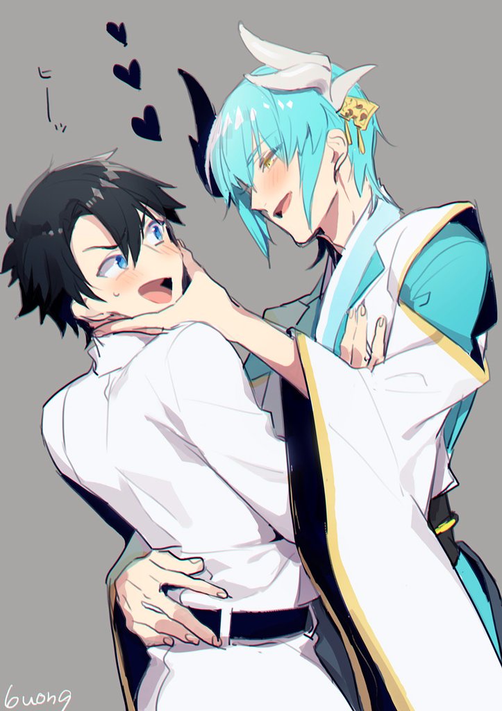 2boys 846kazuya aqua_hair arm_around_waist black_hair blue_eyes fate/grand_order fate_(series) fujimaru_ritsuka_(male) genderswap genderswap_(ftm) grey_background hands_on_another's_face heart horns japanese_clothes kiyohime_(fate/grand_order) male male_focus multiple_boys short_hair simple_background twitter_username