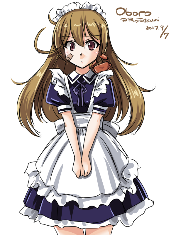 1girl alternate_costume alternate_hair_length alternate_hairstyle apron bandaid bandaid_on_face character_name cowboy_shot crab dated enmaided eyebrows_visible_through_hair hair_between_eyes hands_together kantai_collection long_hair looking_at_viewer maid maid_apron maid_headdress oboro_(kantai_collection) orange_hair short_sleeves simple_background solo tatsumi_rei twitter_username violet_eyes white_background