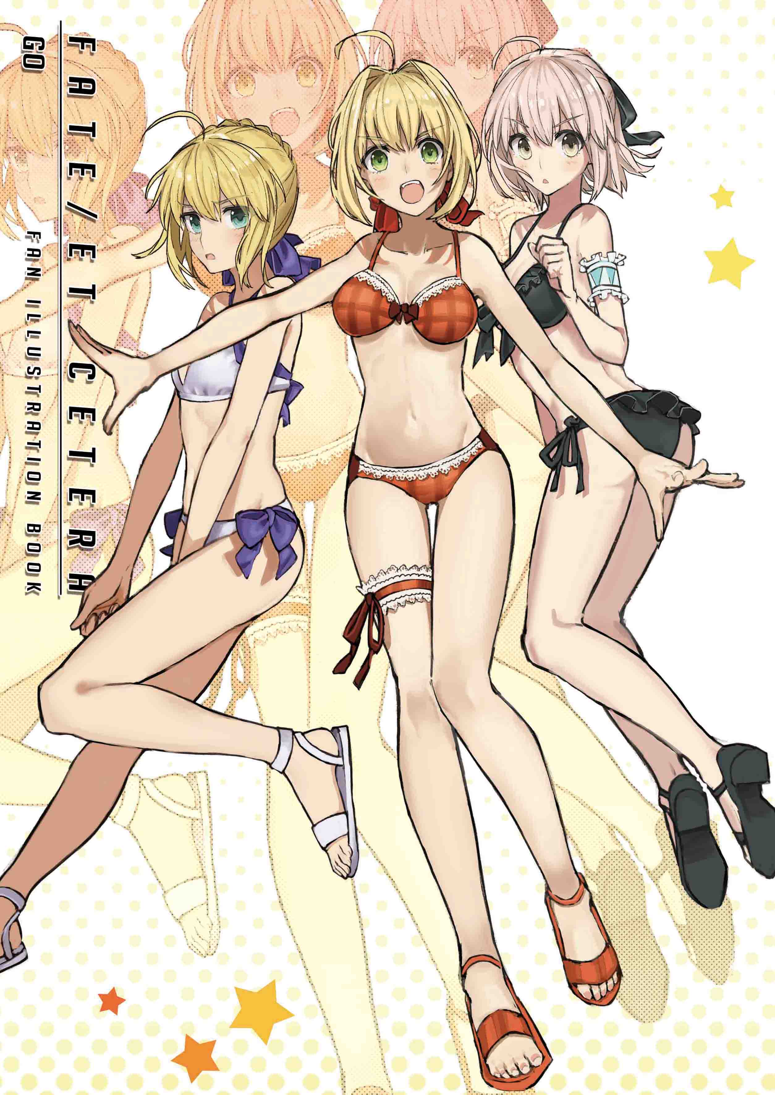 &gt;:d &gt;:o 3girls :d :o absurdres ahoge arm_garter artoria_pendragon_(all) artoria_pendragon_(swimsuit_archer) ass bangs bare_arms bare_legs bare_shoulders barefoot_sandals bikini black_bikini blue_eyes blush braid breasts copyright_request cover cover_page d:&lt; doujin_cover eyebrows_visible_through_hair fate/extra fate/grand_order fate/stay_night fate_(series) frilled_bikini frills garters green_eyes hair_ribbon highres koha-ace looking_at_viewer medium_breasts multiple_girls nero_claudius_(swimsuit_caster)_(fate) open_mouth outstretched_arms parted_lips pink_hair polka_dot polka_dot_background red_bikini ribbon saber sakura_saber sandals shinsengumi short_hair side-tie_bikini smile spread_arms swimsuit teshima_nari tied_hair yellow_eyes zoom_layer