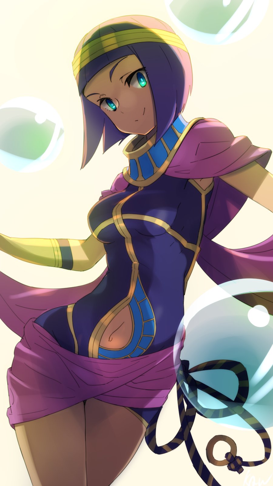 1girl bangs blue_eyes blunt_bangs breasts cowboy_shot dark_skin egyptian egyptian_clothes highres kaw194 medium_breasts menat navel navel_cutout purple_hair short_hair smile solo street_fighter street_fighter_v tiara