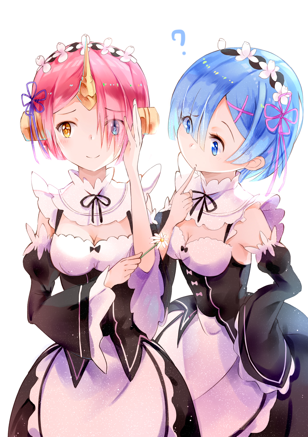 2girls ? amicis_(amisic) apron bangs berserker_of_black black_dress blue_eyes blue_hair blunt_bangs breasts cleavage closed_mouth collar cosplay crossover daisy detached_collar detached_sleeves dress eyebrows_visible_through_hair eyes_visible_through_hair fate/apocrypha fate/grand_order fate_(series) finger_to_mouth flower frilled_apron frilled_collar frilled_sleeves frills hair_ornament hair_over_one_eye headgear heterochromia highres holding holding_flower horn long_sleeves looking_at_another looking_to_the_side maid maid_apron maid_headdress medium_breasts multiple_girls pink_hair pink_ribbon purple_ribbon ram_(re:zero) ram_(re:zero)_(cosplay) re:zero_kara_hajimeru_isekai_seikatsu rem_(re:zero) ribbon short_hair simple_background smile standing white_background wide_sleeves x_hair_ornament yellow_eyes