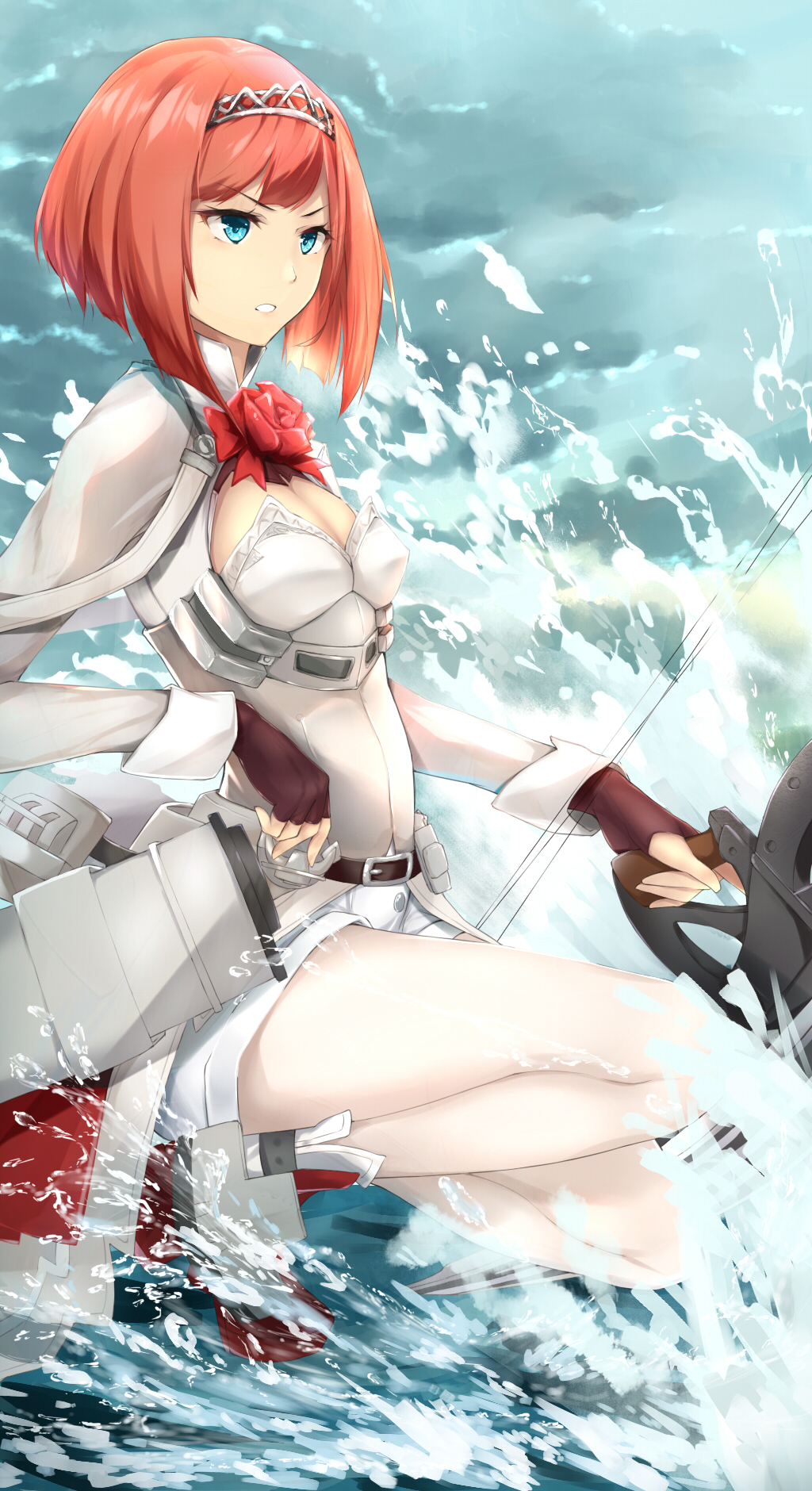 1girl ark_royal_(kantai_collection) belt_buckle blue_eyes bob_cut bow bow_(weapon) breasts brown_belt brown_gloves buckle cleavage cleavage_cutout clenched_teeth compound_bow fingerless_gloves gloves grey_jacket highres kantai_collection kneeling long_sleeves looking_to_the_side ocean pants red_bow redhead rigging rudder_shoes short_hair small_breasts solo splashing standing standing_on_liquid teeth thighs tiara tokorotn turret weapon white_pants