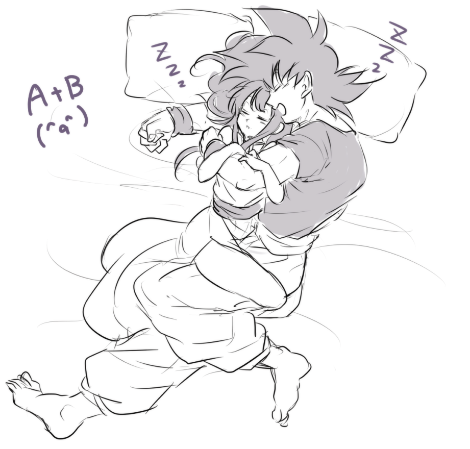 1boy 1girl bed bed_sheet black_hair chi-chi_(dragon_ball) closed_eyes couple dragon_ball greyscale hetero hug locked_arms monochrome open_mouth pillow simple_background sleeping son_gokuu tkgsize white_background wristband zzz