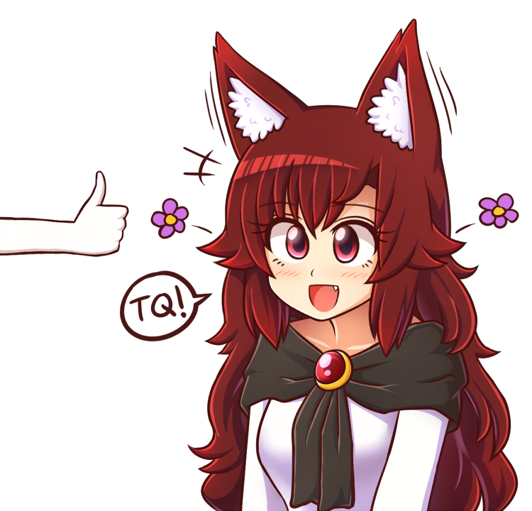 +++ 1girl animal_ears bangs brooch brown_hair dress fang flower imaizumi_kagerou jewelry long_hair open_mouth red_eyes simple_background smile solo_focus touhou upper_body white_background white_dress wolf_ears wool_(miwol)