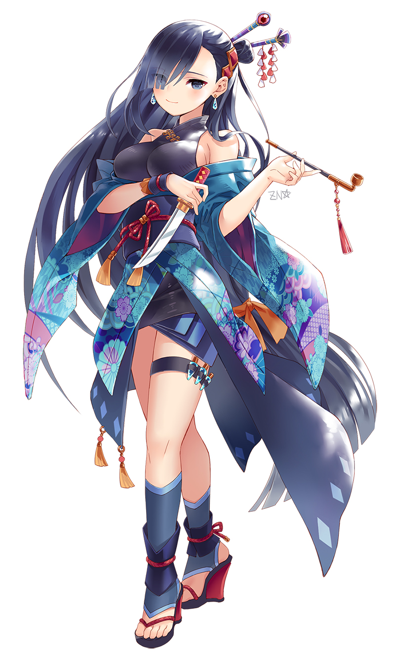 1girl black_eyes black_hair breasts highres japanese_clothes kimono knife large_breasts long_hair looking_at_viewer original pipe smile solo zenyu