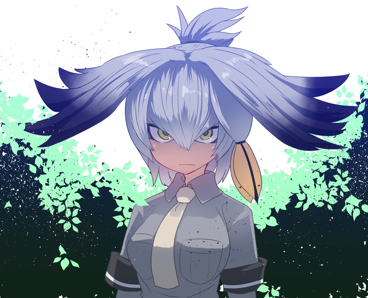 1girl bangs bird_wings black_gloves black_hair bodystocking breast_pocket breasts closed_mouth collared_shirt commentary_request dress_shirt expressionless feathered_wings gloves green_eyes grey_shirt hair_between_eyes hair_ornament hair_tie head_wings kemono_friends long_hair looking_at_viewer low_ponytail medium_breasts multicolored_hair necktie orange_hair outdoors pocket serious shirt shoebill_(kemono_friends) short_sleeves side_ponytail silver_hair sleeve_cuffs solo sumiyao_(amam) tsurime two-tone_hair upper_body white_necktie wing_collar wings