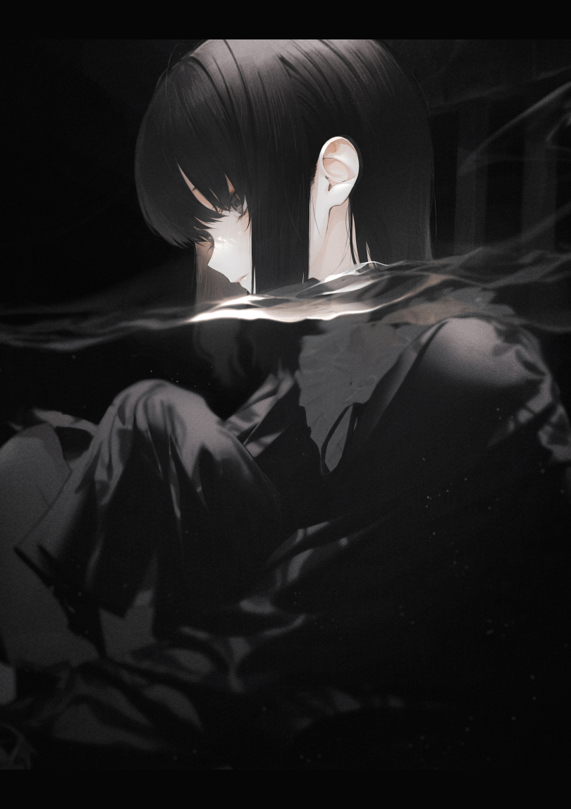 1girl bangs black_background black_dress black_hair brown_eyes closed_mouth commentary dress expressionless from_side letterboxed long_sleeves medium_hair original pale_skin sitting solo underwater wanke water