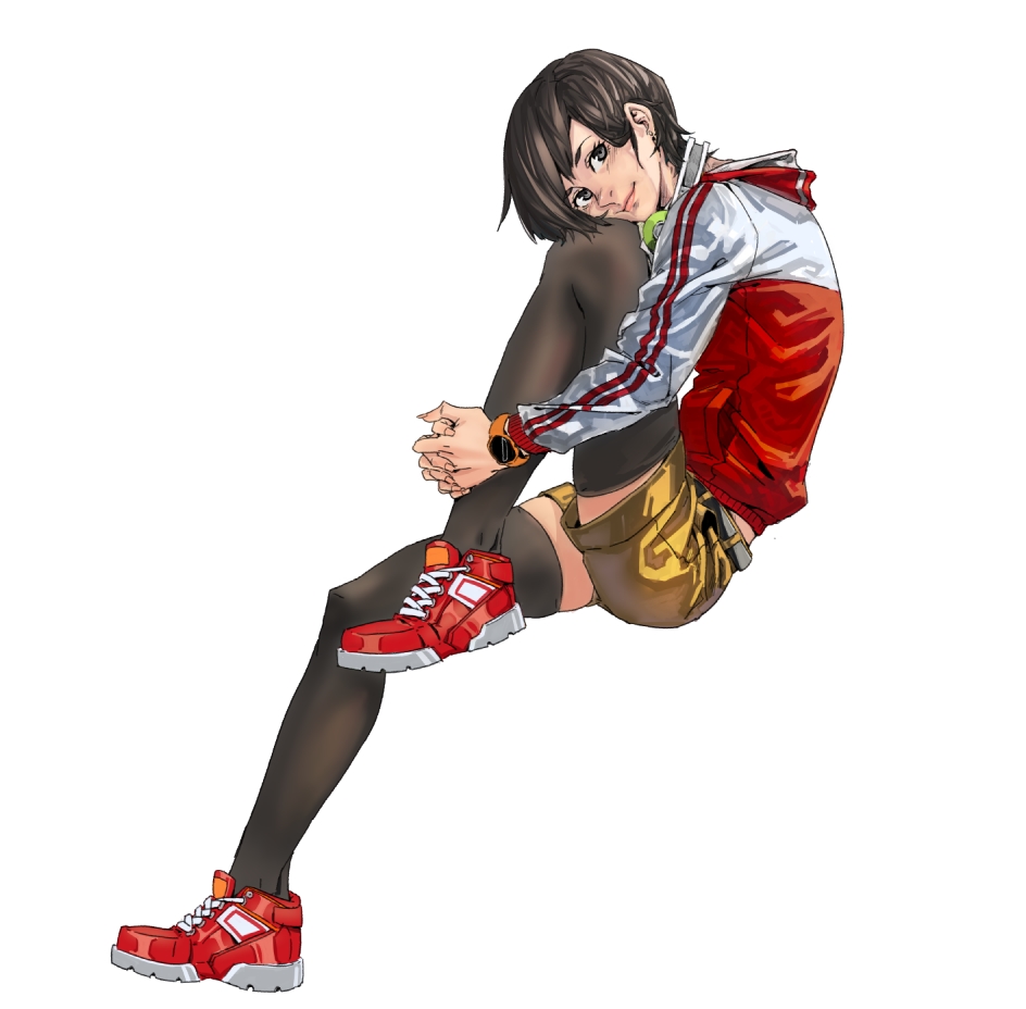 1girl black_hair headphones headphones_around_neck jacket shoes short_hair shorts simple_background sneakers solo thigh-highs watch