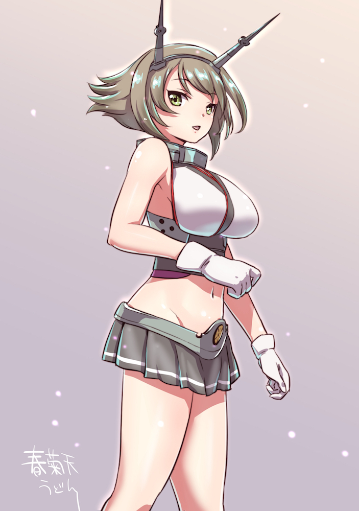 1girl bare_shoulders brown_hair cowboy_shot gloves gradient gradient_background green_eyes grey_background groin hairband kantai_collection midriff miniskirt mutsu_(kantai_collection) navel radio_antenna short_hair shungikuten skirt solo standing white_gloves