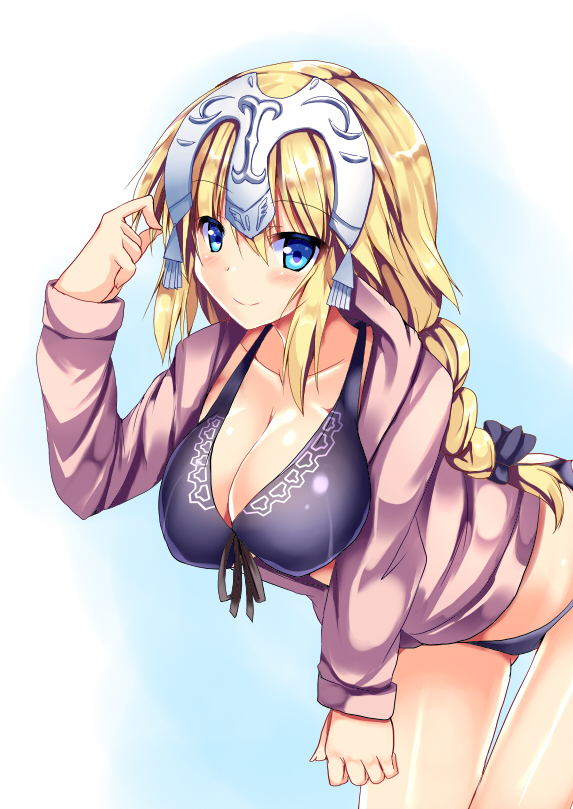 1girl bikini blonde_hair blue_eyes blush braid breasts cleavage collarbone commentary_request eyebrows_visible_through_hair fate/apocrypha fate_(series) hair_between_eyes headpiece large_breasts leaning_forward long_hair long_sleeves looking_at_viewer ruler_(fate/apocrypha) ryokushiki_(midori-ya) simple_background solo swimsuit