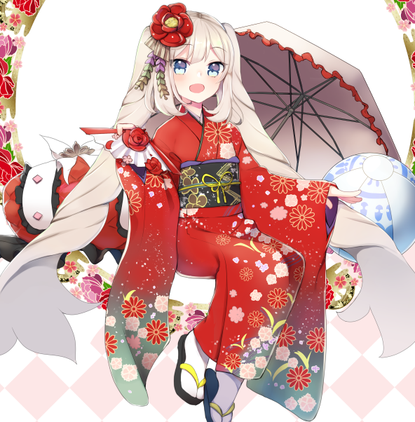 1girl ameshizuku_natsuki ball blue_eyes drill_hair fan fate/grand_order fate_(series) flower furisode geta hair_flower hair_ornament japanese_clothes kimono long_hair long_sleeves looking_at_viewer marie_antoinette_(fate/grand_order) obi open_mouth sash silver_hair sitting smile solo tabi twin_drills twintails umbrella very_long_hair wide_sleeves