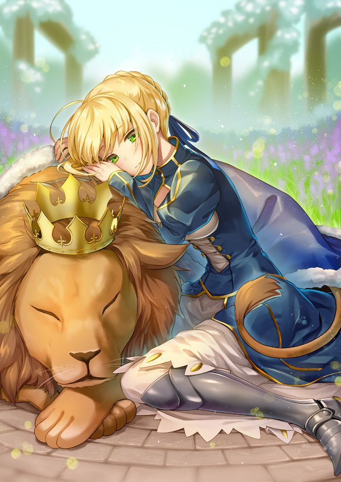 1girl artoria_pendragon_(all) blonde_hair blue_ribbon closed_eyes day eyebrows_visible_through_hair fate/stay_night fate_(series) geroro green_eyes hair_ribbon lens_flare lion outdoors ribbon saber short_hair sitting solo