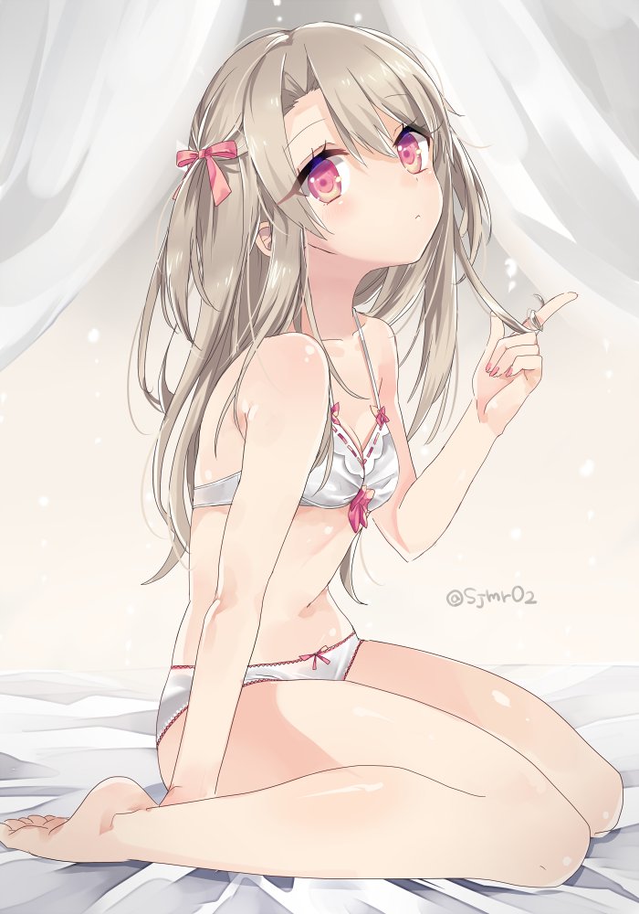 1girl bare_legs barefoot bow bow_panties bra breasts cleavage fate_(series) hair_ribbon hair_twirling illyasviel_von_einzbern light_brown_hair long_hair looking_at_viewer nail_polish navel one_side_up panties pink_eyes ribbon ribbon-trimmed_bra shijima_(sjmr02) sitting solo underwear underwear_only wariza white_bra white_panties