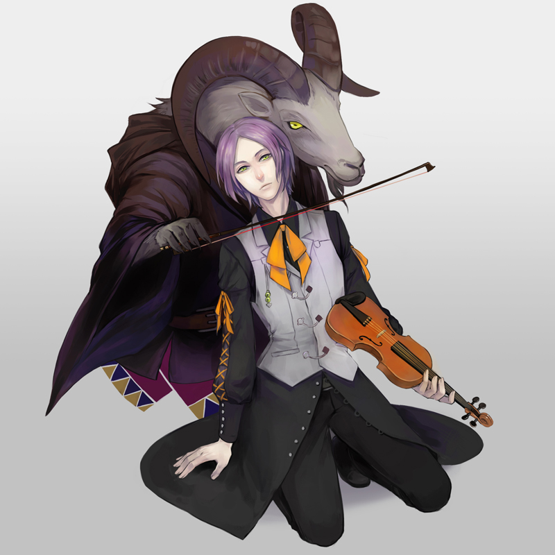 1boy black_pants black_shoes bow_(instrument) expressionless full_body goat instrument joshua_drac karenberg male_focus pants purple_hair shoes unlight vest violin yellow_eyes