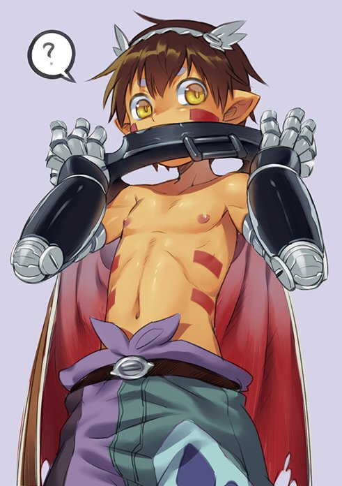 1boy android brown_hair cape cr72 facial_mark grey_background looking_at_viewer made_in_abyss male_focus nipples pointy_ears regu_(made_in_abyss) shirtless short_hair simple_background thick_eyebrows yellow_eyes
