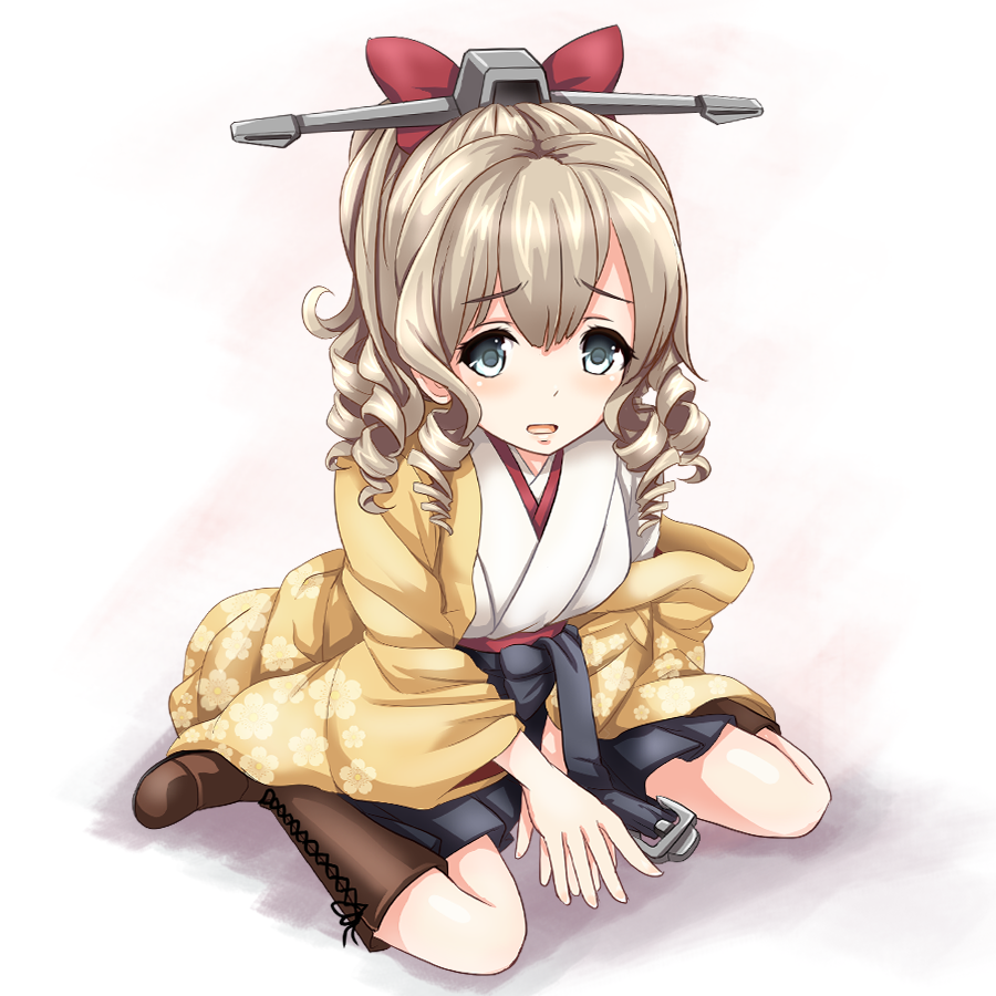 1girl black_hakama blue_eyes blush bow breasts commentary_request drill_hair hair_bow hakama hatakaze_(kantai_collection) japanese_clothes kantai_collection kimono light_brown_hair long_hair meiji_schoolgirl_uniform open_mouth ponytail simple_background sitting solo tk8d32 v_arms wariza wide_sleeves yellow_kimono