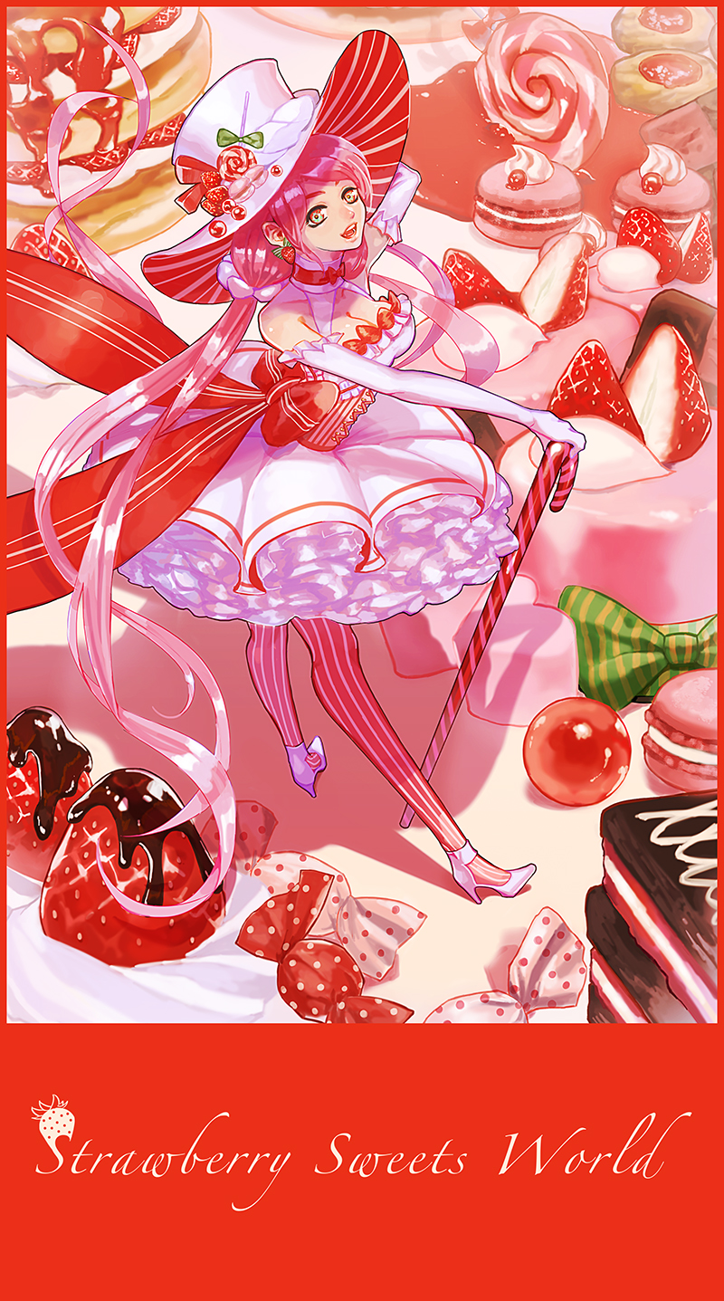 1girl awa_suna bow cakes candy candy_cane cleavage_cutout food fruit giant_food hat high_heels highres original pink_hair red_eyes solo strawberry striped striped_legwear sweets top_hat vertical-striped_legwear vertical_stripes