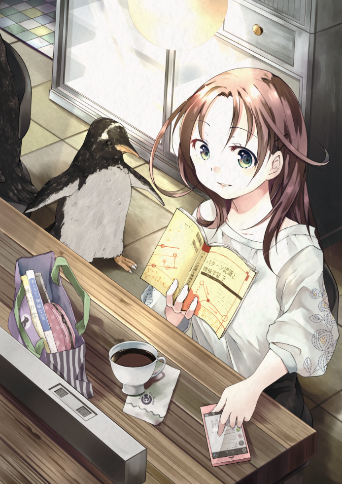 1girl bag bird book brown_hair cellphone coffee coffee_cup commentary_request cup green_eyes handbag long_hair nanana_(nanana_iz) napkin original penguin phone sitting smartphone stool translation_request