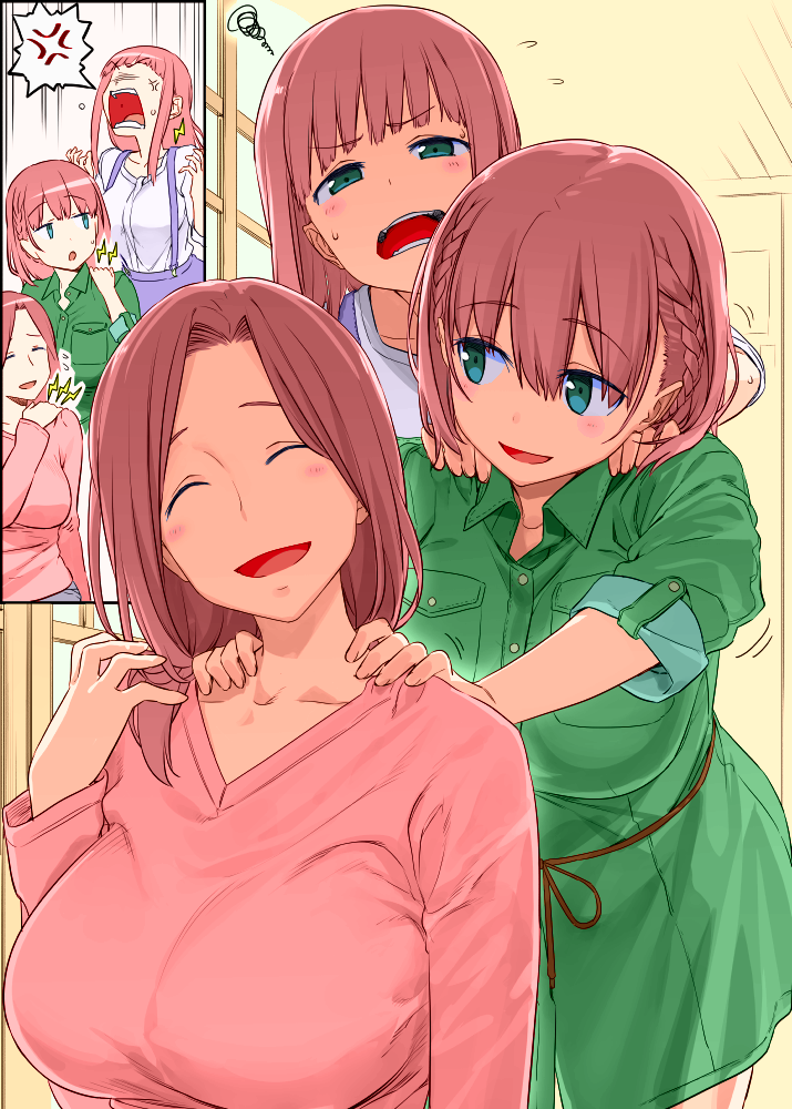 &gt;:o 3girls :d :o ^_^ ai-chan's_mother_(tawawa) ai-chan's_sister_(tawawa) ai-chan_(tawawa) anger_vein bangs braid breasts closed_eyes colorized dress eyebrows_visible_through_hair flying_sweatdrops getsuyoubi_no_tawawa himura_kiseki huge_breasts large_breasts leaning_forward long_hair massage mother's_day mother_and_daughter multiple_girls open_mouth parted_bangs short_hair shouting siblings sidelocks sisters smile suspenders sweatdrop tantrum twin_braids