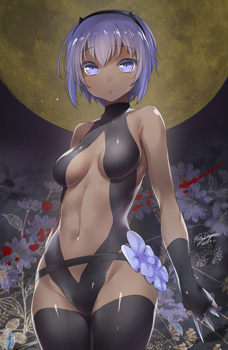 1girl 47agdragon assassin_(fate/prototype_fragments) bangs bare_shoulders between_fingers black_gloves black_leotard blush breasts center_opening closed_mouth cowboy_shot dark_skin eyebrows_visible_through_hair fate/prototype fate/prototype:_fragments_of_blue_and_silver fate_(series) fingerless_gloves gloves hairband highres leotard looking_at_viewer medium_breasts navel purple_hair short_hair solo under_boob violet_eyes