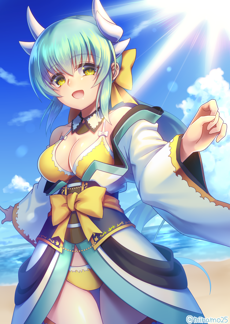 1girl :d aqua_hair beach bikini bow breasts cleavage fate/grand_order fate_(series) hair_bow horns kiyohime_(fate/grand_order) kiyohime_(swimsuit_lancer)_(fate) large_breasts long_hair looking_at_viewer minamo25 ocean open_mouth smile solo swimsuit yellow_bikini yellow_eyes