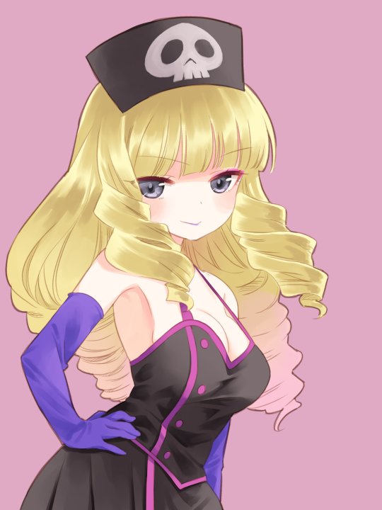 &gt;:&gt; 1girl :&gt; action_heroine_cheer_fruits arm_at_side armpits bangs bare_shoulders black_dress blonde_hair blunt_bangs blush breasts cleavage closed_mouth contrapposto curly_hair dress elbow_gloves eyebrows_visible_through_hair eyelashes eyeshadow gloves grey_eyes hand_on_hip hat large_breasts lipstick long_hair looking_at_viewer makeup nurse_cap pink_eyeshadow pleated_dress purple_background purple_gloves purple_lipstick shimura_kanon sidelocks simple_background skull sleeveless sleeveless_dress smile solo takano_natsuki tsurime upper_body
