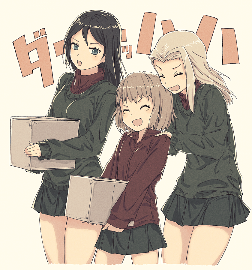 3girls bangs black_hair black_skirt black_sweater blonde_hair blue_eyes box clara_(girls_und_panzer) closed_eyes furukawa_wanosuke girls_und_panzer hands_on_another's_shoulders holding katyusha laughing long_hair looking_at_another miniskirt multiple_girls nonna open_mouth pleated_skirt pravda_school_uniform school_uniform short_hair skirt smile standing summer_uniform sweater swept_bangs turtleneck unbuttoned white_background