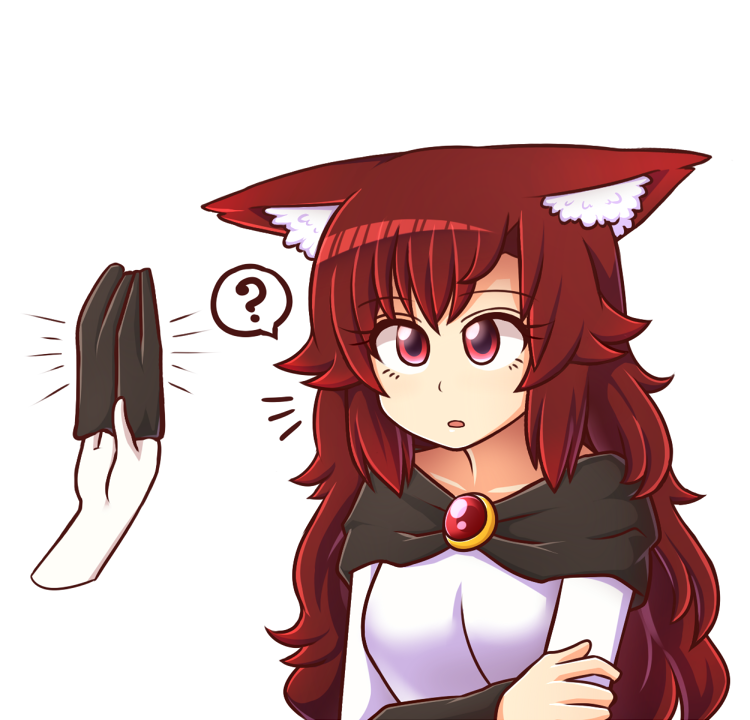 1girl ? animal_ears bangs brooch brown_hair dress imaizumi_kagerou jewelry long_hair red_eyes simple_background solo_focus spoken_question_mark touhou upper_body white_background white_dress wolf_ears wool_(miwol)