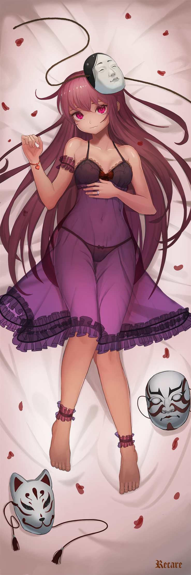 1girl ankle_cuffs artist_name bangs barefoot black_bra black_panties bow bow_bra bow_panties bra chemise closed_mouth dakimakura fox_mask full_body hata_no_kokoro heart highres jewelry lingerie long_hair looking_at_viewer lying mask nightgown noh_mask on_back panties petals pink_eyes pink_hair recare ring see-through smile solo sparkle touhou underwear very_long_hair wedding_band