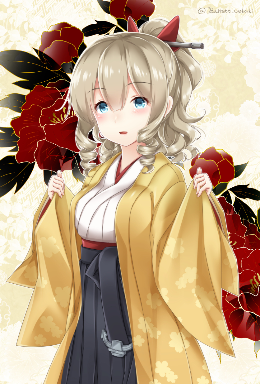 1girl anchor baretto_(firearms_1) black_hakama blue_eyes blush bow breasts brown_hair commentary_request drill_hair eyebrows_visible_through_hair floral_print hair_bow hakama hakama_skirt hatakaze_(kantai_collection) highres japanese_clothes kantai_collection kimono large_breasts light_brown_hair looking_at_viewer medium_breasts solo twitter_username wide_sleeves yellow_kimono