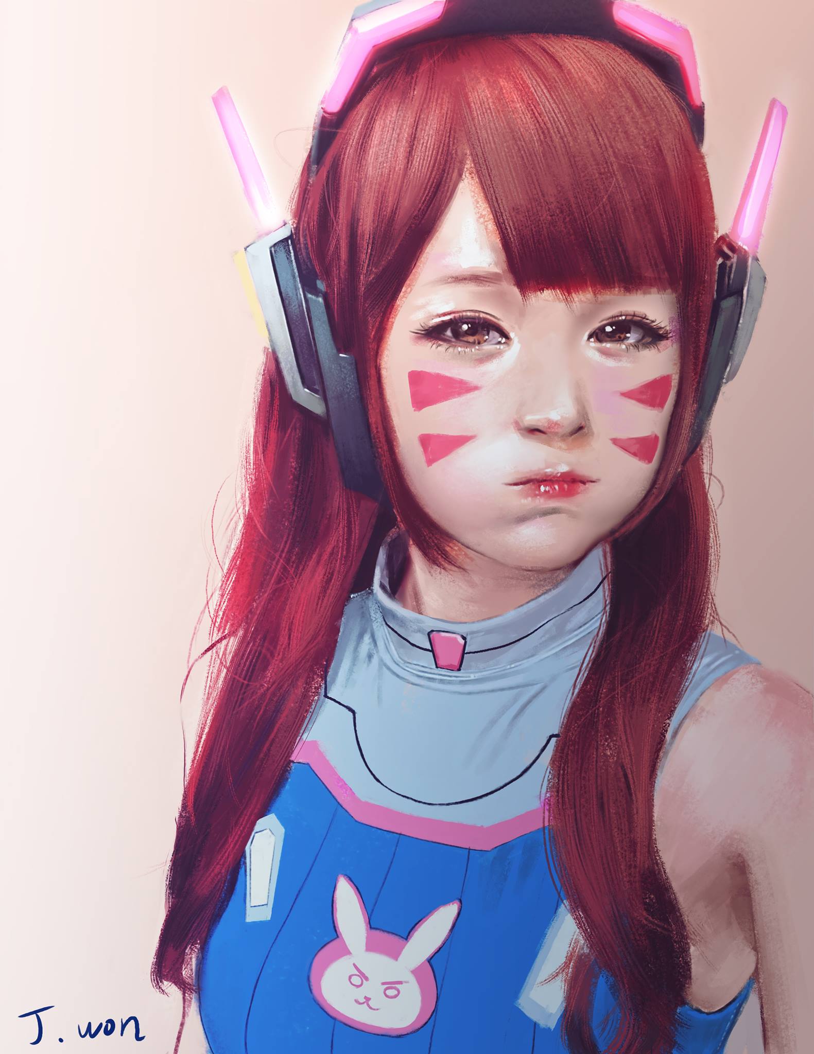 1girl animal_print artist_name bangs blue_bodysuit bodysuit brown_eyes brown_hair bunny_print closed_mouth d.va_(overwatch) eyelashes facepaint facial_mark headphones headset highres j._won_han lips long_hair looking_at_viewer overwatch puffy_cheeks ribbed_bodysuit solo swept_bangs upper_body whisker_markings