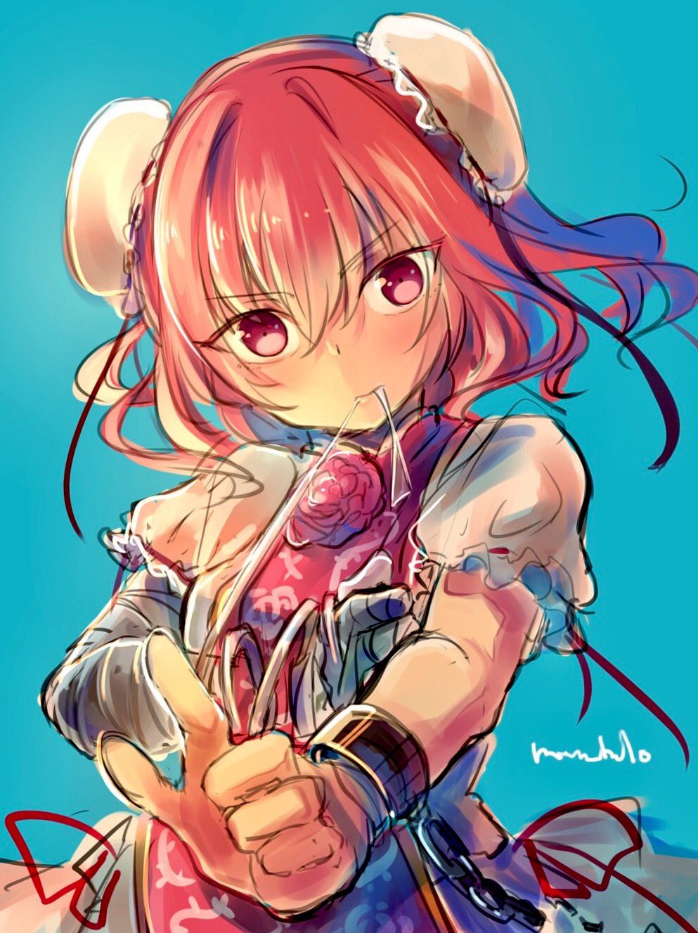 1girl amputee artist_name bandage bandaged_arm blue_background bun_cover chains chinese_clothes commentary_request cuffs double_bun flower hair_bun highres ibaraki_kasen looking_at_viewer mom_bolo pink_eyes pink_hair pink_rose puffy_sleeves rose shackles short_hair solo tabard touhou