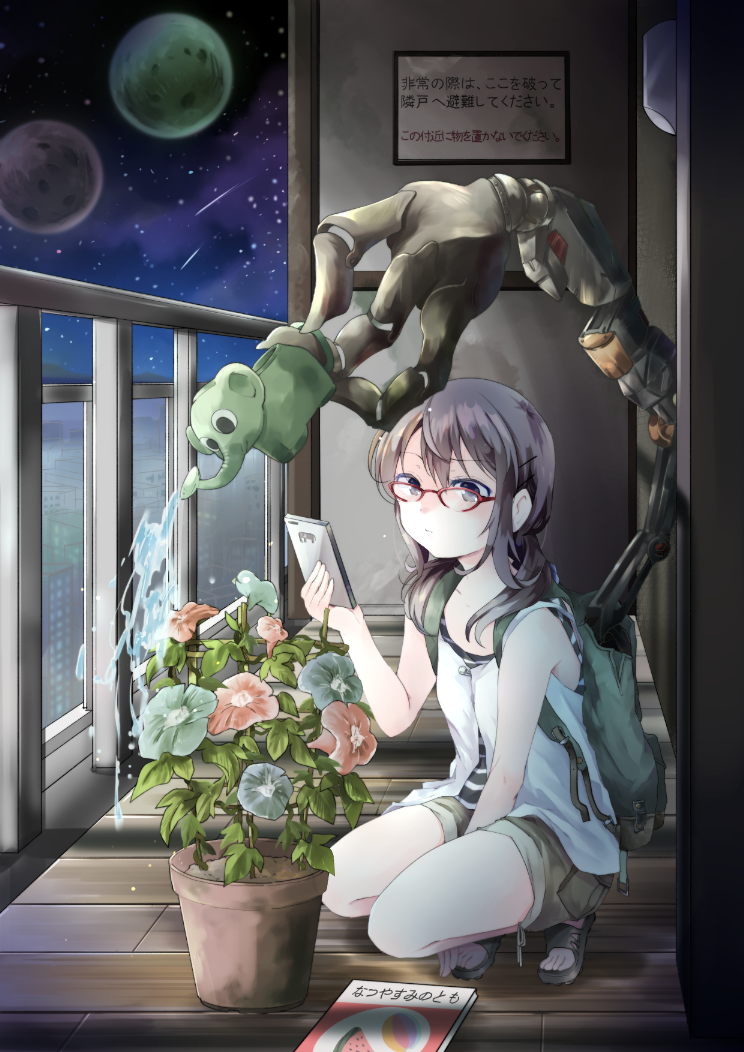 1girl backpack bag bare_shoulders brown_shorts cellphone elephant flower flower_pot nanana_(nanana_iz) original phone planet sandals shorts sky smartphone squatting star_(sky) starry_sky translation_request watering_can