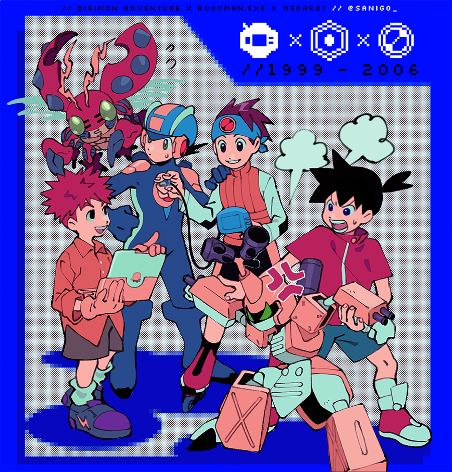 4boys anger_vein artist_name computer dated digimon digimon_adventure english hikari_netto izumi_koushirou laptop mangoshake mecha medarot metabee multiple_boys robot rockman rockman_exe rockman_exe_(character) tenryou_ikki tentomon