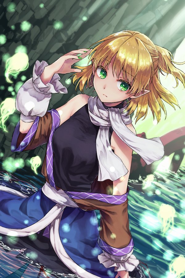 1girl akidzuki_haruhi arm_warmers bangs bare_shoulders blonde_hair breasts bridal_gauntlets cave dutch_angle green_eyes light_particles looking_at_viewer medium_breasts mizuhashi_parsee off_shoulder pointy_ears ponytail school_swimsuit solo swimsuit touhou turtleneck wading water white_school_swimsuit white_swimsuit
