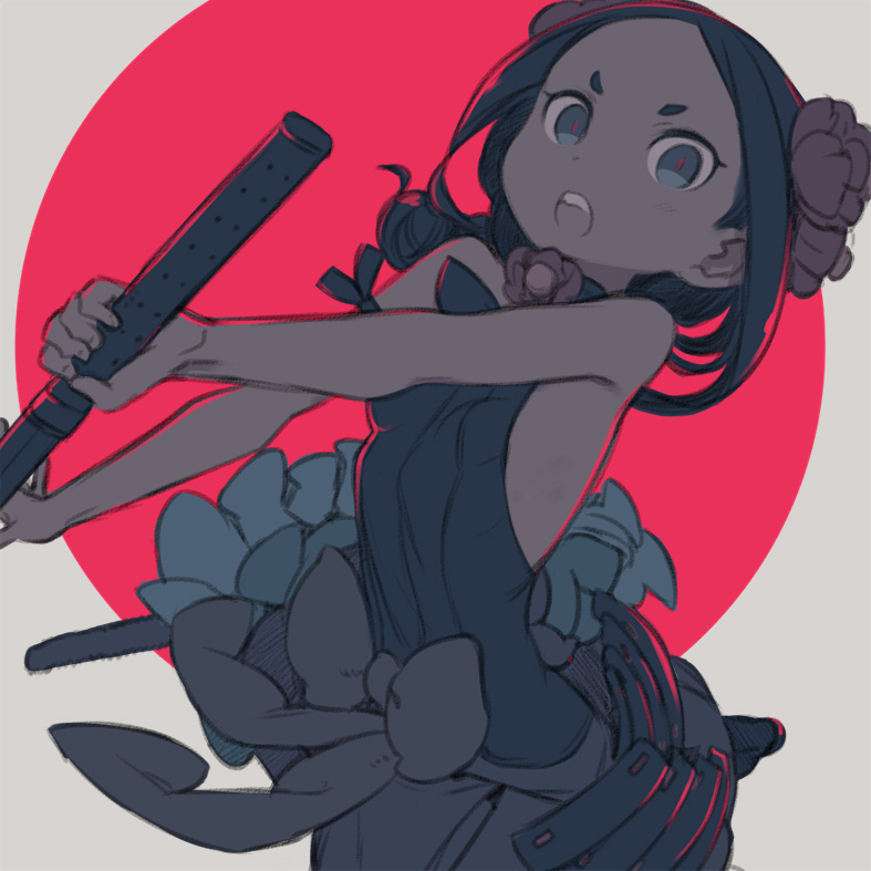 &gt;:o 1girl :o armor black black_hair black_pants blue_eyes chise_(princess_principal) forehead holding holding_sword holding_weapon japanese_armor katana kuroboshi_kouhaku kusazuri looking_at_viewer open_mouth pants princess_principal rising_sun sleeveless solo sunburst sword teeth thick_eyebrows weapon