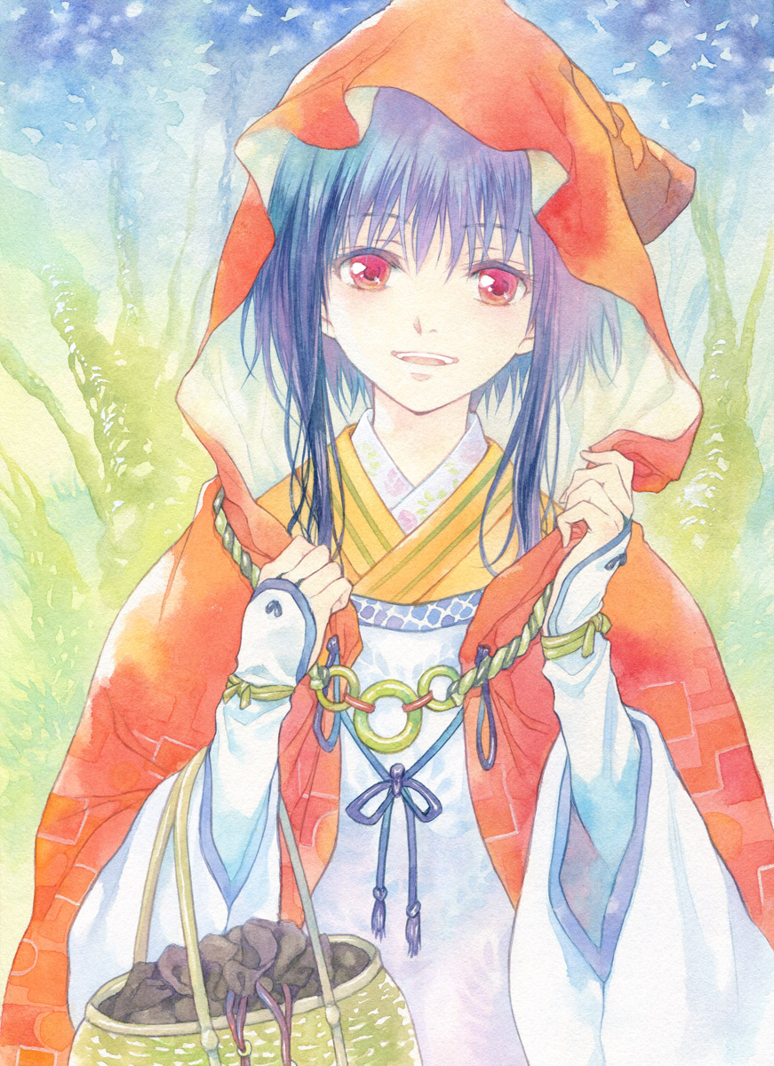 1girl agahari basket blue_eyes calligraphy_brush_(medium) capelet highres hood_up japanese_clothes little_red_riding_hood little_red_riding_hood_(grimm) long_sleeves looking_at_viewer parted_lips red_hood redhead short_hair_with_long_locks sidelocks smile solo traditional_media
