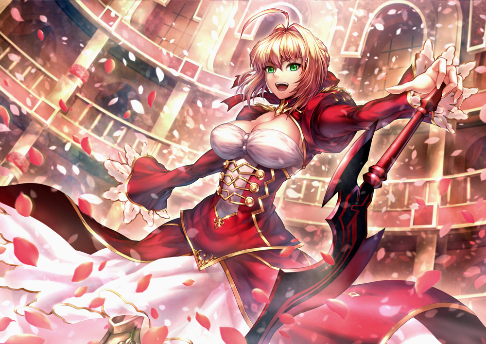 &gt;:d 1girl :d aestus_estus ahoge armor armored_boots blonde_hair boots colosseum corset dress epaulettes fate/extra fate_(series) green_eyes hair_intakes juliet_sleeves leotard long_sleeves looking_at_viewer nasaniliu open_mouth petals puffy_long_sleeves puffy_sleeves red_dress saber_extra see-through smile solo sword weapon white_leotard