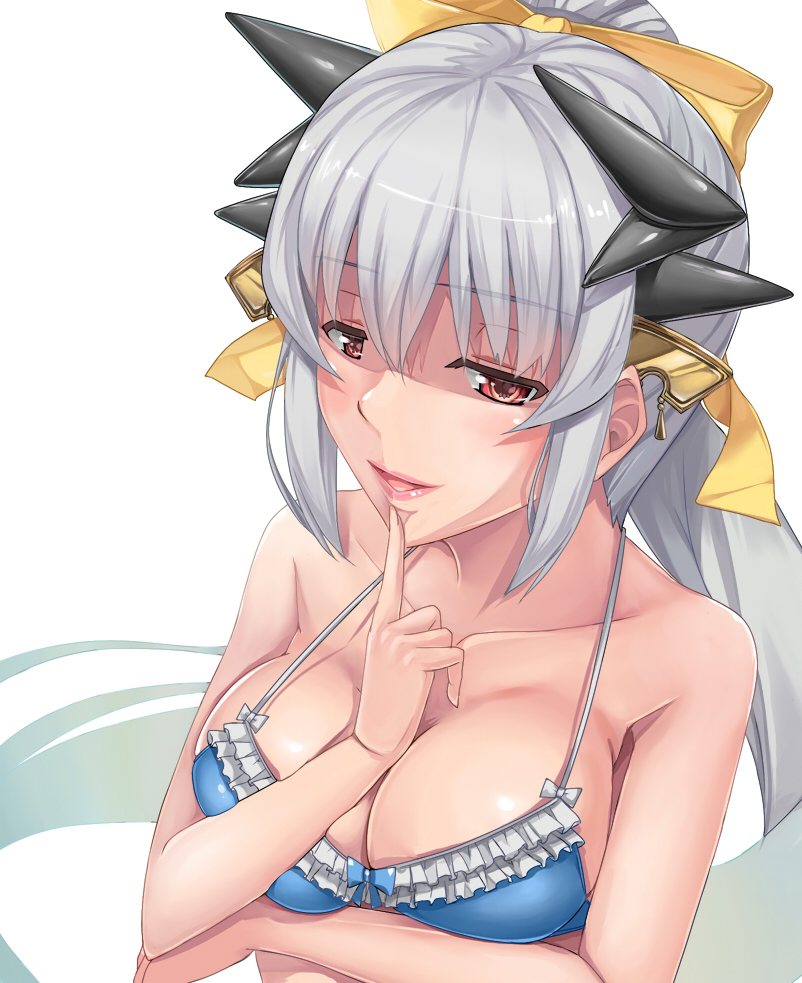 1girl bow breast_hold breasts cleavage fate/grand_order fate_(series) finger_to_mouth hair_bow hair_ornament horns kiyohime_(fate/grand_order) kiyohime_(swimsuit_lancer)_(fate) large_breasts long_hair morishi ponytail red_eyes silver_hair solo