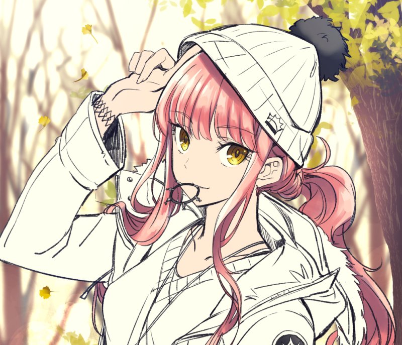 1girl adjusting_clothes adjusting_hat alternate_costume beanie braid casual collarbone fate/grand_order fate_(series) hat jewelry leaf looking_at_viewer medb_(fate/grand_order) mouth_hold necklace pink_hair pom_pom_(clothes) ponytail shimo_(s_kaminaka) solo tree yellow_eyes
