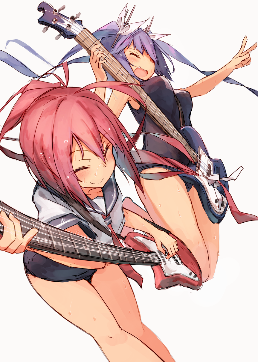 2girls :d ahoge beize_(garbage) blush closed_eyes commentary_request guitar hair_ribbon highres i-168_(kantai_collection) i-19_(kantai_collection) instrument kantai_collection long_hair multiple_girls open_mouth ponytail purple_hair redhead ribbon school_swimsuit school_uniform serafuku simple_background smile swimsuit swimsuit_under_clothes tri_tails v wet white_background