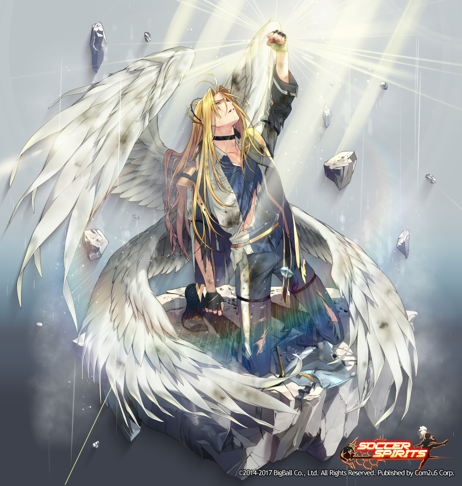 1boy ahoge angel_wings arm_up ayto black_choker black_gloves black_legwear black_shoes blonde_hair blue_eyes clenched_hand copyright_name fingerless_gloves gloves hair_ornament kneeling light_rays long_hair looking_up male_focus rock shoes soccer_spirits solo torn_clothes watermark wings