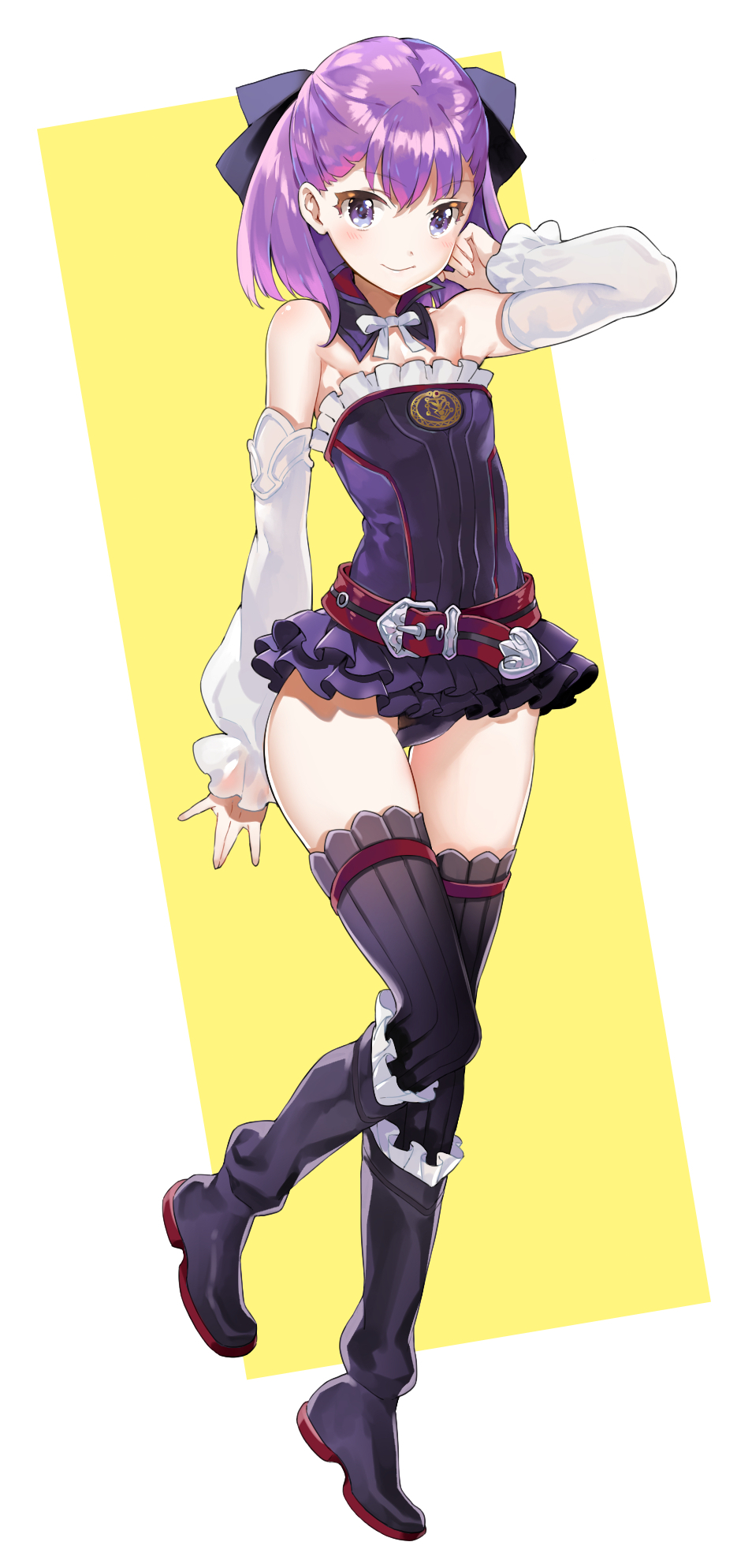 1girl bare_shoulders belt black_boots black_legwear blush boots bow detached_collar detached_sleeves eyebrows_visible_through_hair fate/grand_order fate_(series) frilled_skirt frills full_body garters hair_bow half_updo helena_blavatsky_(fate/grand_order) highres knee_boots looking_at_viewer microskirt outside_border purple_bow purple_hair purple_skirt shiosoda short_hair skirt smile solo standing thigh-highs violet_eyes white_sleeves wide_sleeves