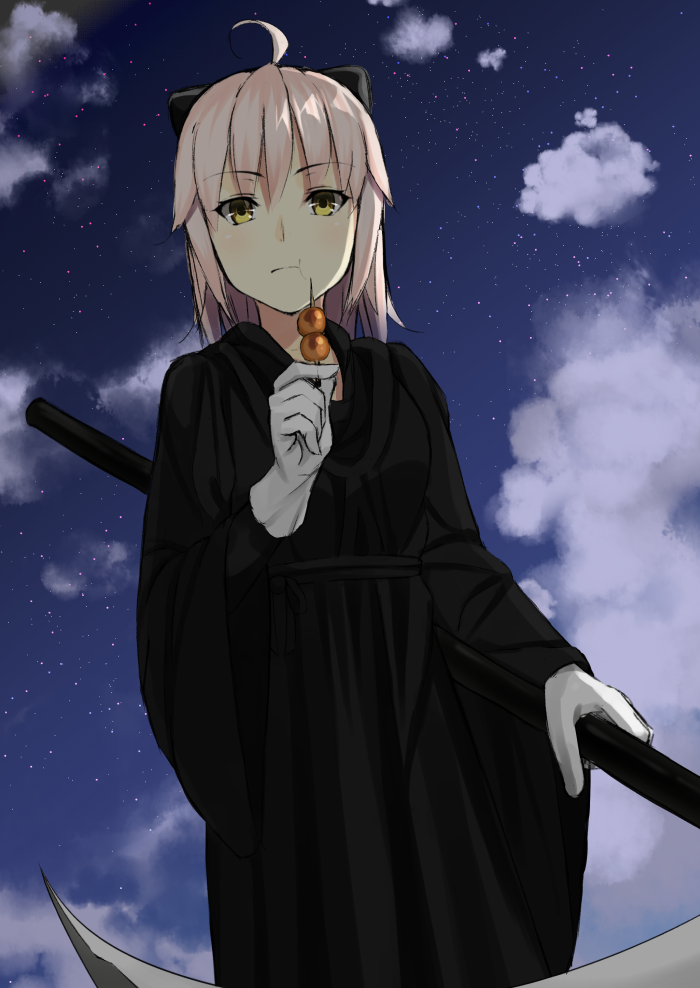 1girl :t ahoge bangs black_bow bow clouds dango eyebrows_visible_through_hair fate/grand_order fate_(series) food from_below gloves hair_bow holding holding_weapon looking_at_viewer mugipot outdoors sakura_saber scythe sky solo standing star_(sky) starry_sky wagashi weapon white_gloves yellow_eyes